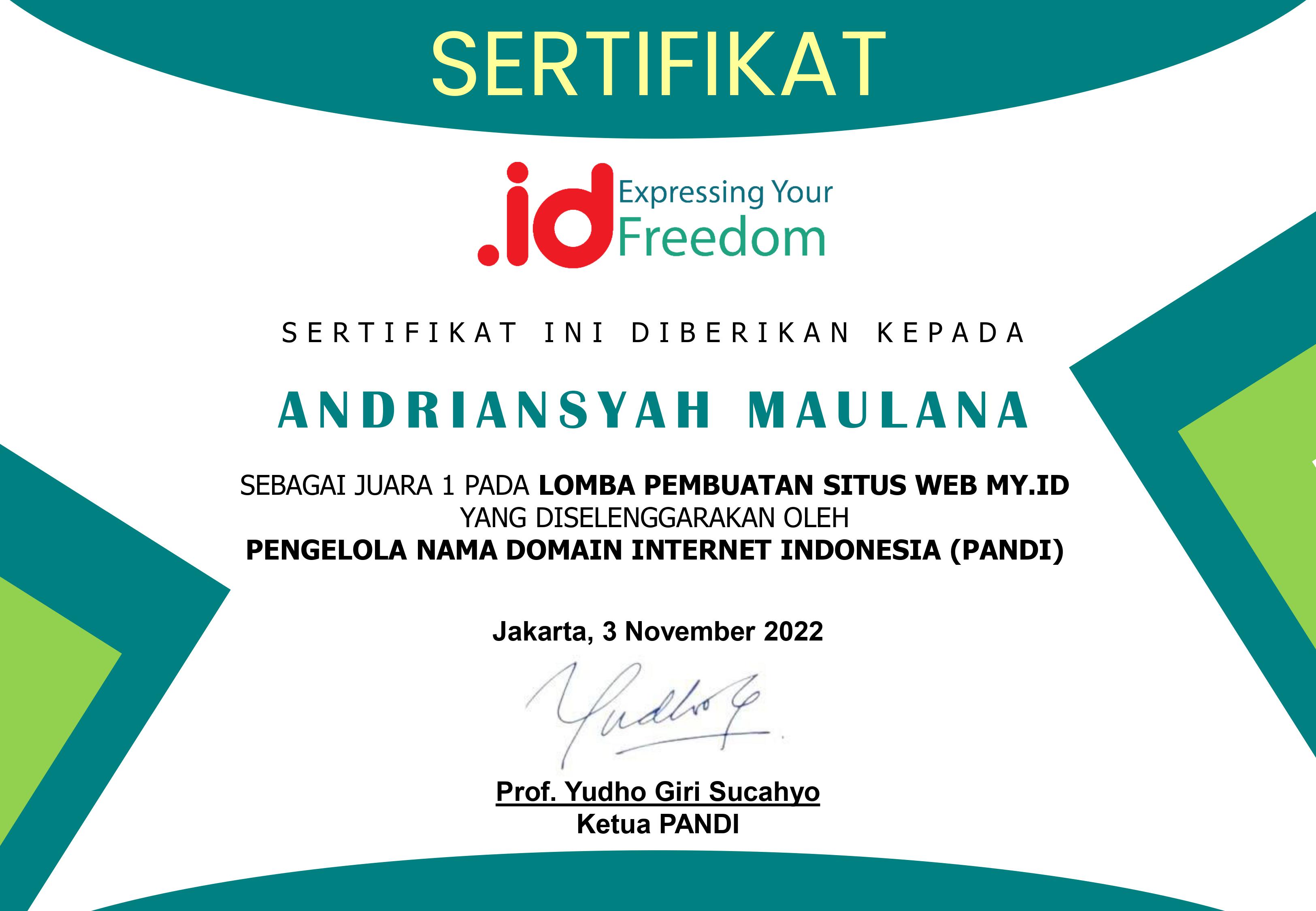 Juara 1 Lomba Pembuatan Website Tingkat Nasional yang diselenggarakan PANDI